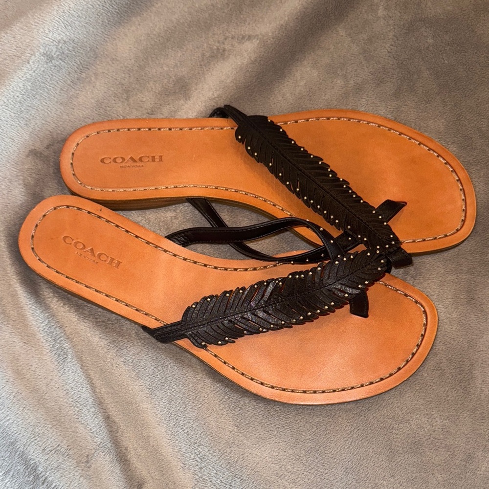 COACH Deni Feather Embellished Black Leather Thong Sandals (size 8) - Picture 2 of 7